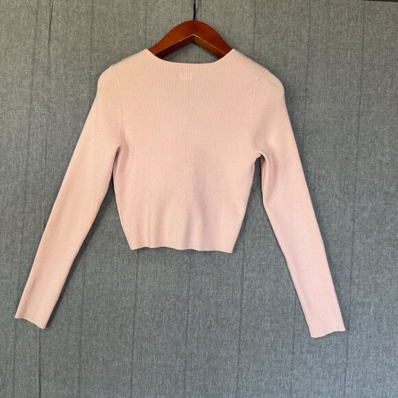 Aerie AE Pink Ribbed Knit Rosette V Neck Long Sleeve Ruche Tie Crop Sweater - Picture 7 of 17